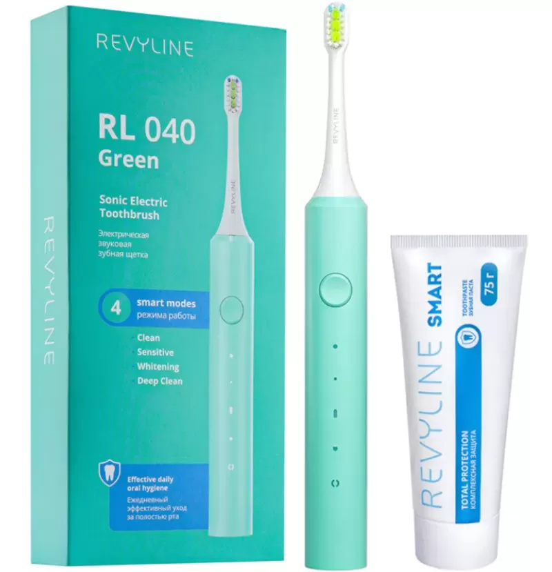 Зеленая звуковая щетка Revyline RL 040 с зубной пастой Smart
